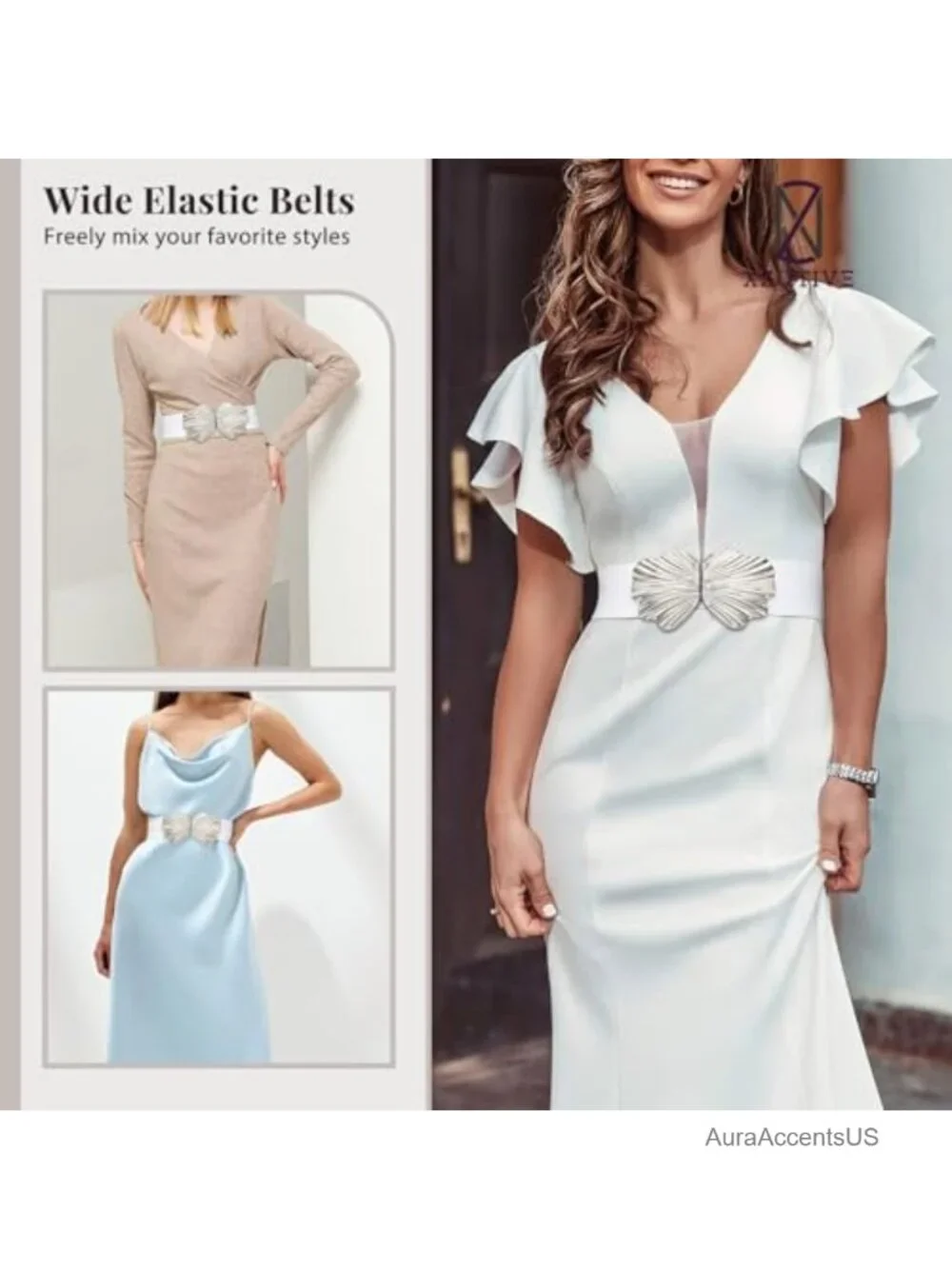 Wide Elastic Belt with Boho Shell Gold Buckle Stretchy Waist Belt for Dresses